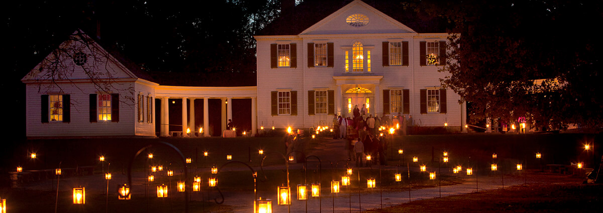 Blennerhassett mansion at night with candles in front