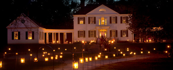 Blennerhassett mansion at night with candles in front