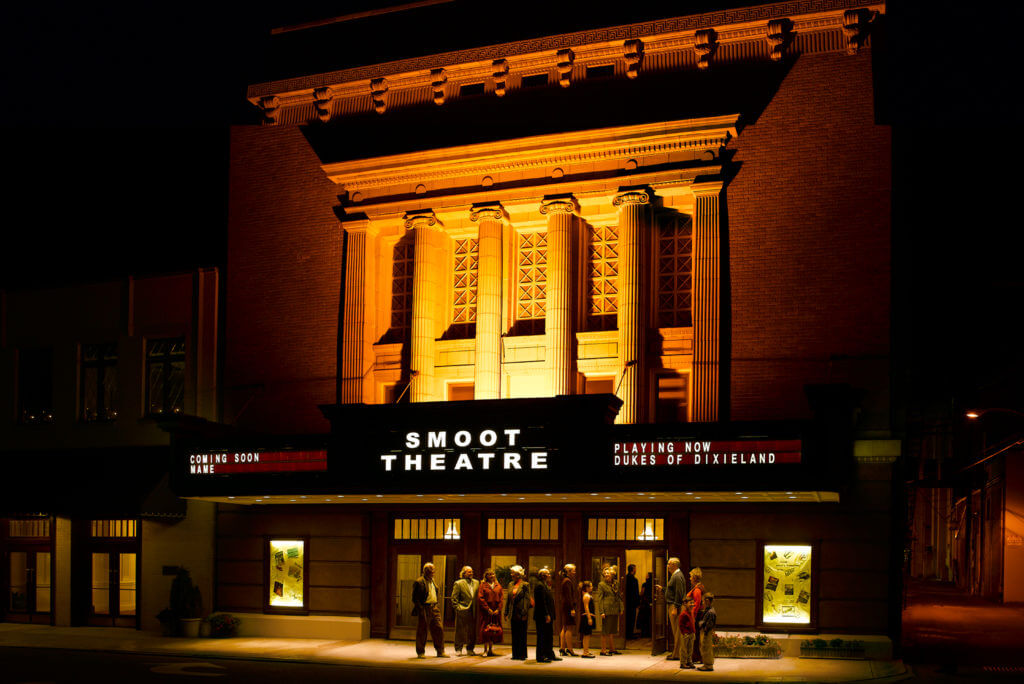 outside night shot of Smoot Theatre with a line of people