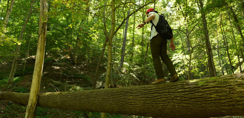 Hiker walking on a log