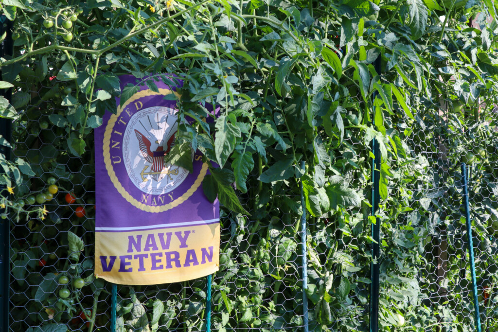 A navy veteran flag in a garden bed at Plants at the Point